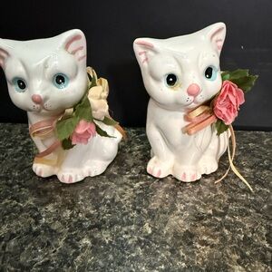 Adorable vintage White Cat Figurines with Pink Floral Accents